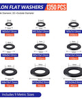 All In One Nylon Flat Washer Set With 1350 Pieces In Nine Sizes M2.5 Through M12 Black Nylon Washers For Screws And Bolts Durable Fastener Spacers For DIY Projects Home Improvement Auto Repairs And More, showing size and quantity details.