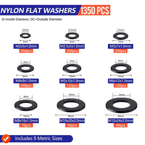 All In One Nylon Flat Washer Set With 1350 Pieces In Nine Sizes M2.5 Through M12 Black Nylon Washers For Screws And Bolts Durable Fastener Spacers For DIY Projects Home Improvement Auto Repairs And More, showing size and quantity details.