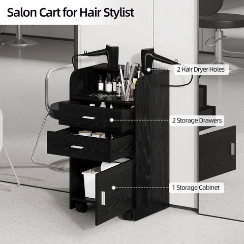 Mobile Salon Station On Wheels For Hair Stylists And Barbers Sleek Black Trolley Cart With Swivel Casters Pro Grade Organizer