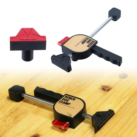 Pro Grade Heavy Duty Bench Dog Clamp Set for workbench displayed on wooden surface, showing aluminum construction and rubber pads