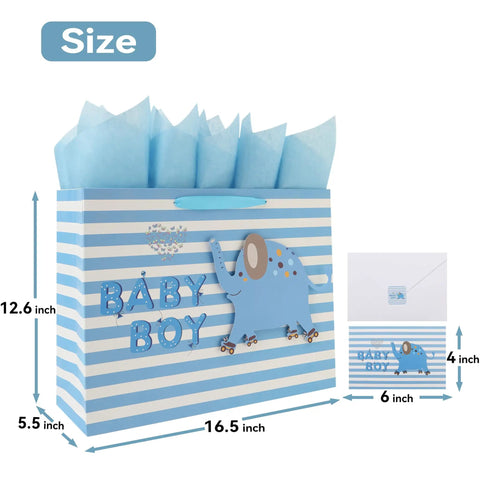 16.5 Inch Extra Large Baby Boy Gift Bag Set With Handles Greeting Card Blue Tissue Paper And Stickers 3D Elephant Design