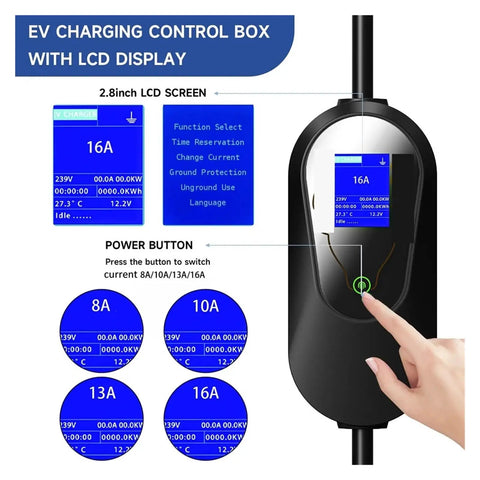 EV charging control box with LCD display and power button, Portable Level 2 EV Charger 7KW With SAE J1772 Plug, 32A, CEE Connector