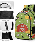 Green Grass Farm Cartoon Printed Unisex Backpack with large capacity, showing barn print, handle, straps, zipper, and side pockets.