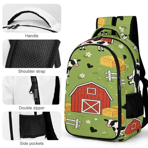 Green Grass Farm Cartoon Printed Unisex Backpack with large capacity, showing barn print, handle, straps, zipper, and side pockets.