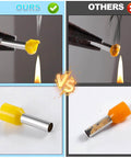 Comparison of insulated copper wire ferrules kit with crimp connectors, showing flame resistance versus competitors.