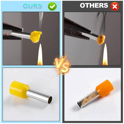 Comparison of insulated copper wire ferrules kit with crimp connectors, showing flame resistance versus competitors.