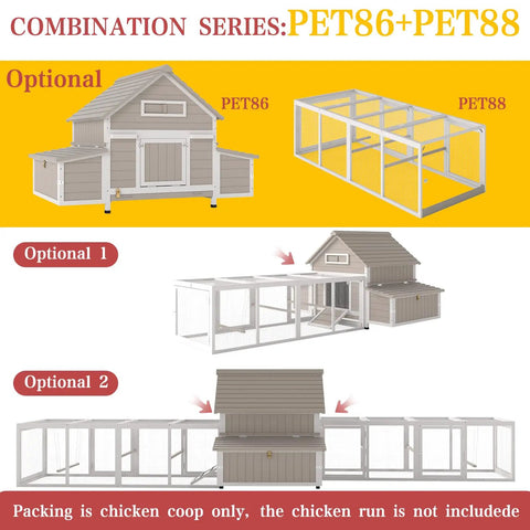 Diagram of combination series with PET86 coop and PET88 run for Large Outdoor Chicken Coop With Run For Backyard Poultry Nesting Boxes And Perches With Removable Tray Also Works As Rabbit Hutch For 2 To 4 Chickens Gray 61 L By 33.5 W By 40.2 H