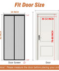 Heavy Duty Screen Door Mesh For 32x80 Inch Openings Keeps Bugs Out Hands Free For Interior Sliding Doors And Patio Black 34x82 Inch With Reinforced Edges Durable Material Easy Install And Quick Setup For Mosquito Prevention showing door size compatibility