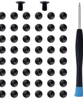 Premium Wallet Replacement Screw Kit With Mini Screwdriver, 50 Heavy Duty Stainless Steel Fasteners arranged with a mini screwdriver.