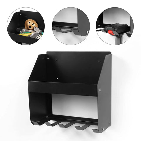 Wall Mount Power Tool Organizer Five Drill Holder Rack Alloy Steel Black Garage Storage with compartments and hooks
