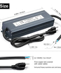 Heavy Duty 300W IP67 Waterproof LED Power Supply, 90-130V AC To 12V DC, 25A Output, with rubber cables and size dimensions shown.