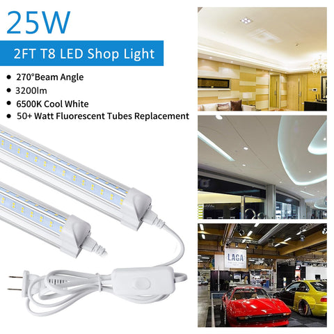 LED Shop Light 2ft 25W 6500K Daylight LED Shop Fixtures, 3200 Lumens visible in garage and office settings with plug