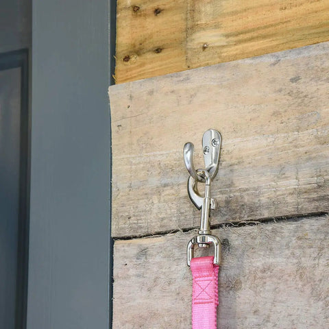 Robe Hook Satin Nickel Set Of 5, Heavy Duty Zinc Alloy Wall Hangers With pink strap mounted on wood panel