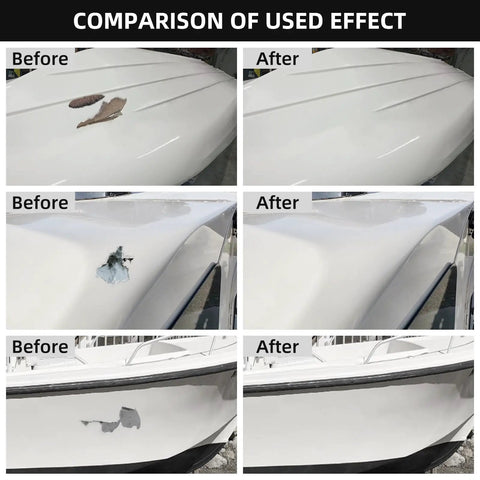 Comparison of boat surfaces before and after using Fiberglass Boat Repair Kit White Gel Coat And Epoxy Filler for Boats Pro Grade.