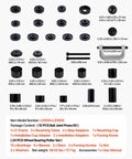 All-In-One Ball Joint Press And Bearing Driver Kit with 24 race and seal drivers, 13 bushings, C-frame and sleeves layout