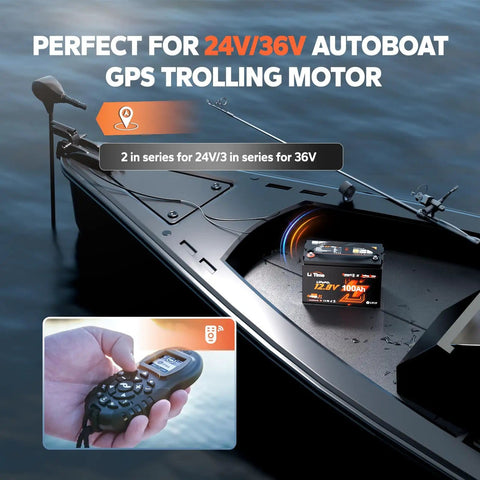 Trolling Motor LiFePO4 Battery 12V 100Ah With Bluetooth Monitoring 100A BMS on boat with GPS trolling motor remote.