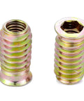 Close-up of two 5/16-18 threaded wood inserts in carbon steel, part of the 50 Pieces 5/16-18 Threaded Wood Inserts Set For Furniture Making And DIY Projects Flush Nut Inserts For Woodworking Headless Screws And Hardware Nuts Bolt Compatibility Durable Carbon Steel For DIY Pros And Woodshop Junkies.