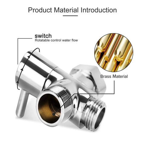 Brass Bidet T Adapter With Shut Off Valve, 3 Way Tee Connector showing rotatable switch and brass material details