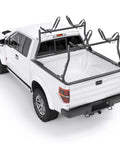 Heavy Duty Extending Steel Truck Bed Ladder Rack With Dual Kayak J Cradles And No Drill Z Clamps on a white pickup truck.