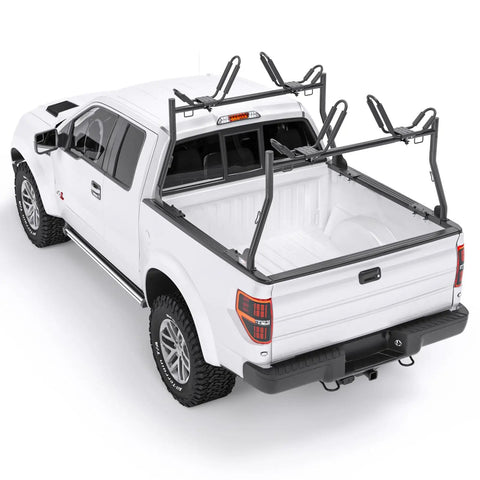 Heavy Duty Extending Steel Truck Bed Ladder Rack With Dual Kayak J Cradles And No Drill Z Clamps on a white pickup truck.