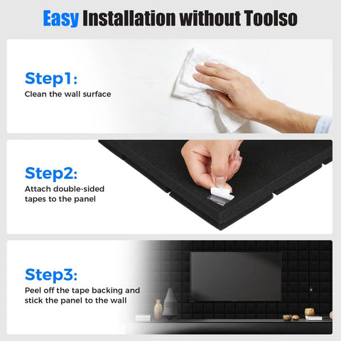 Easy installation steps for 48 Pack Heavy Duty Soundproof Foam Acoustic Panels 12 X 12 Inch Wall Tiles for podcast setup.
