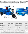Electric Cargo Tricycle With A 1000W Beast Motor, 60V 45Ah Battery, Huge Capacity, Range 60 To 70Km, Can Haul 1100 Lbs, Eco Friendly Urban Hauler, Tough Steel Frame, Quick And Easy Assembly For Real World Cargo. Blue electric cargo tricycle with 117-inch length and cargo bed dimensions shown.