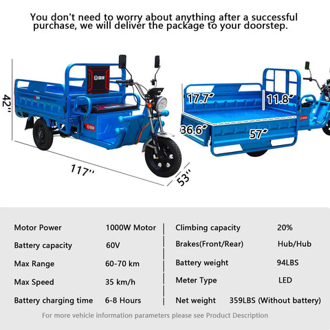 Electric Cargo Tricycle With A 1000W Beast Motor, 60V 45Ah Battery, Huge Capacity, Range 60 To 70Km, Can Haul 1100 Lbs, Eco Friendly Urban Hauler, Tough Steel Frame, Quick And Easy Assembly For Real World Cargo. Blue electric cargo tricycle with 117-inch length and cargo bed dimensions shown.