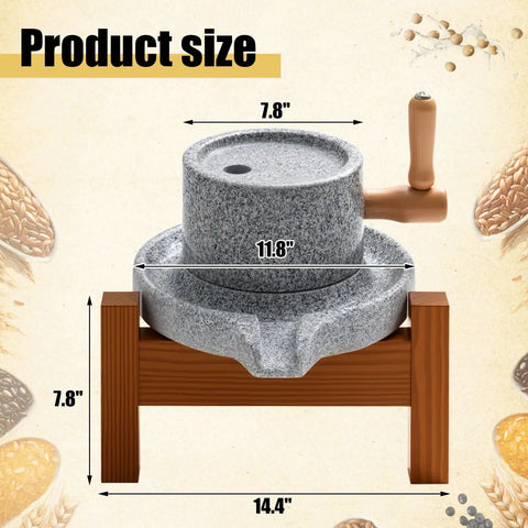 Stone Grain Mill Grinder For Home Use With Hand Crank And Solid Wood Base, size dimensions shown on illustration