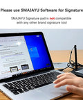 Plug And Play Digital Signature Pad With Bright Four Point Three Inch Backlit Touchscreen for signed PDFs on Windows laptops, shown connected to a laptop.