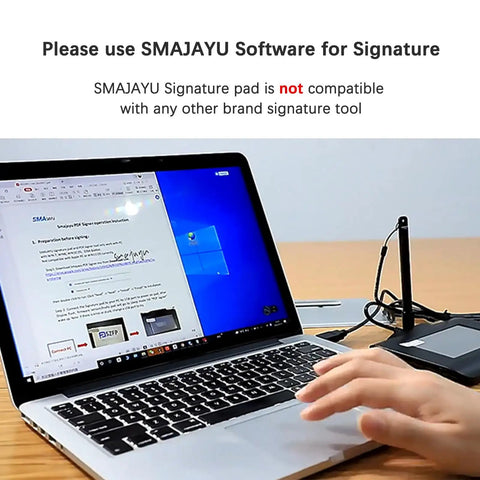 Plug And Play Digital Signature Pad With Bright Four Point Three Inch Backlit Touchscreen for signed PDFs on Windows laptops, shown connected to a laptop.