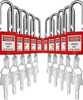 Set of 10 Industrial Red Padlocks Keyed Differently for Lockout Tagout Systems with visible keys, 1.5-inch bodies and shackles.