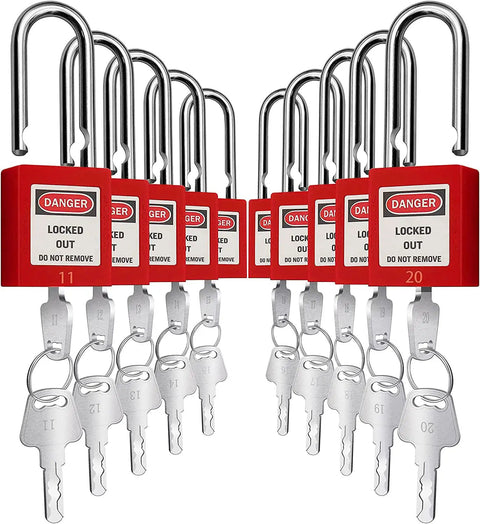 Set of 10 Industrial Red Padlocks Keyed Differently for Lockout Tagout Systems with visible keys, 1.5-inch bodies and shackles.