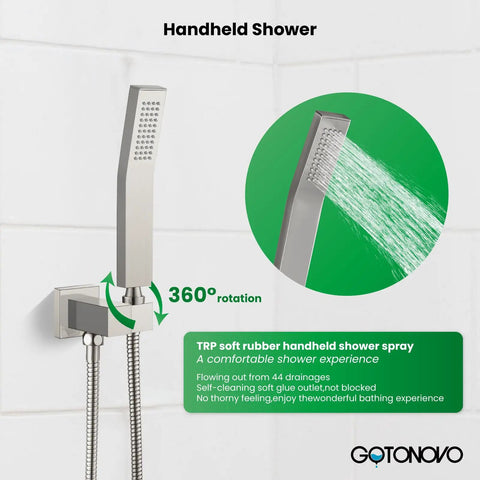 Handheld part of 10 Inch Rainfall Shower Head and Wall Mounted Handle Set in Brushed Nickel Solid Brass Pressure Balancing Shower Mixer Valve Complete Shower System