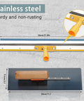 Self Leveling Concrete Tool Kit With Floor Roller And 68 Inch Extension Pole showing stainless steel tools with measurements