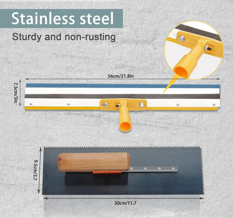Self Leveling Concrete Tool Kit With Floor Roller And 68 Inch Extension Pole showing stainless steel tools with measurements