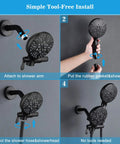 Simple tool-free installation of Matte Black Handheld Shower Head With 7 Settings And 5-Inch Rain Shower shown step-by-step