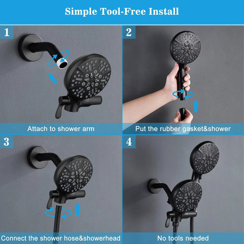Simple tool-free installation of Matte Black Handheld Shower Head With 7 Settings And 5-Inch Rain Shower shown step-by-step