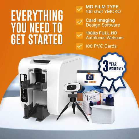 Single Side ID Card Printer Bundle With Ribbon 100 PVC Cards Card Imaging Software Web Camera Free Tech Support Front And Back Printing Ready By Reinsert Easy Setup Card Maker Kit displayed with components