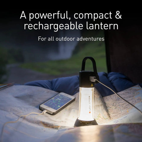 ML6 Camping Lantern With Micro Prism LED illuminating map and charging phone during outdoor adventure