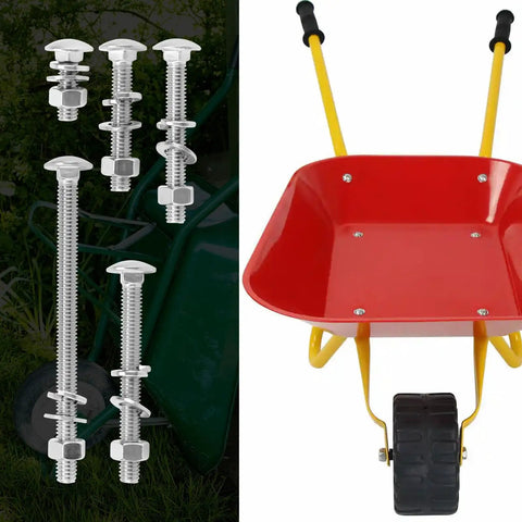 Heavy Duty 14 Piece 304 Stainless Steel Wheelbarrow Bolts And Nut Kit With Carriage Bolts shown with red wheelbarrow