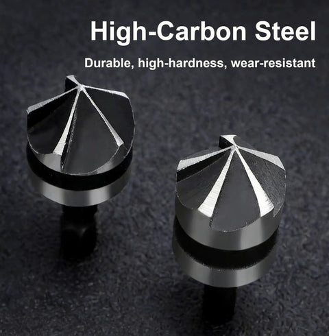 Close-up of high-carbon steel drill bits from Three Piece Countersink Drill Bit Set With 82 Degree Angle, 3 Flutes, Quick Change Hex Shank.