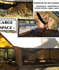 Hammock Ready Hot Tent With Stove Jack And Double Sided Mesh Windows For All Season Camping And Backpacking And Hiking, shown set up in forest with open mesh and hammock inside.