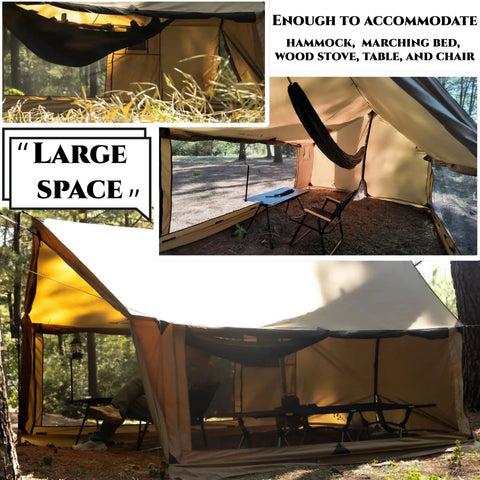 Hammock Ready Hot Tent With Stove Jack And Double Sided Mesh Windows For All Season Camping And Backpacking And Hiking, shown set up in forest with open mesh and hammock inside.