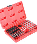 Top Notch Glow Plug Thread Repair Kit With 33 Pieces Of Heavy Duty Tools For Diesel Engines Designed To Fix Damaged Spark Plug Holes Perfectly And Save You From Expensive Engine Overhaul Bills Quick Install Made Simple. red case with taps and inserts