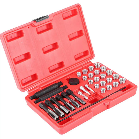 Top Notch Glow Plug Thread Repair Kit With 33 Pieces Of Heavy Duty Tools For Diesel Engines Designed To Fix Damaged Spark Plug Holes Perfectly And Save You From Expensive Engine Overhaul Bills Quick Install Made Simple. red case with taps and inserts