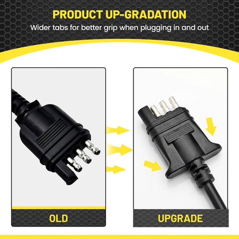 Comparison of old and upgraded 4 pin connector on a 10Ft Trailer Side 4 Pin Flat Wiring Harness With Jacketed Cable Heavy Duty 18AWG Pure Copper Wires Standard 4 Pin Trailer Plug 4 Way Connector Color Coded For Boat Horse Motorcycle Trailers