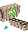 120 Cell Biodegradable Peat Pots Seed Starter Trays 12 Pack With 15 Plant Labels, featuring seedlings and stacked trays.