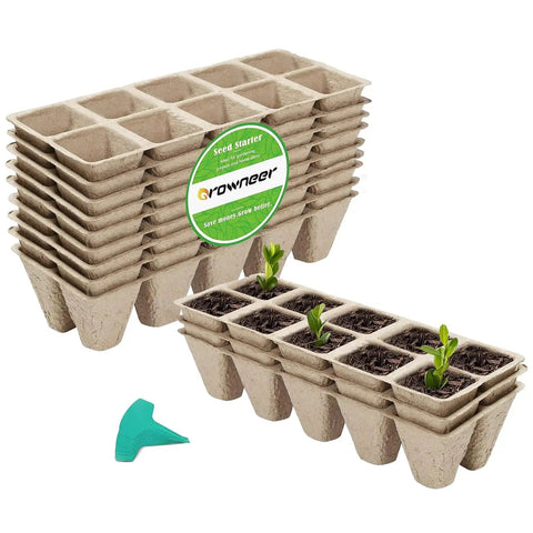 120 Cell Biodegradable Peat Pots Seed Starter Trays 12 Pack With 15 Plant Labels, featuring seedlings and stacked trays.