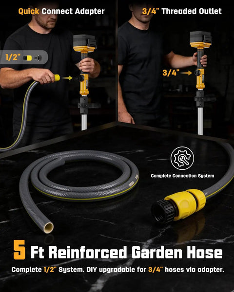 Setup of Cordless Water Transfer Pump With Brushless Motor, 720 GPH Portable Utility Pump and 5 ft garden hose.