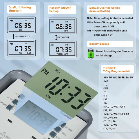 Heavy Duty 40 Amp Digital Pool Timer With 7 Day Programmable Schedule showing time settings and battery backup.